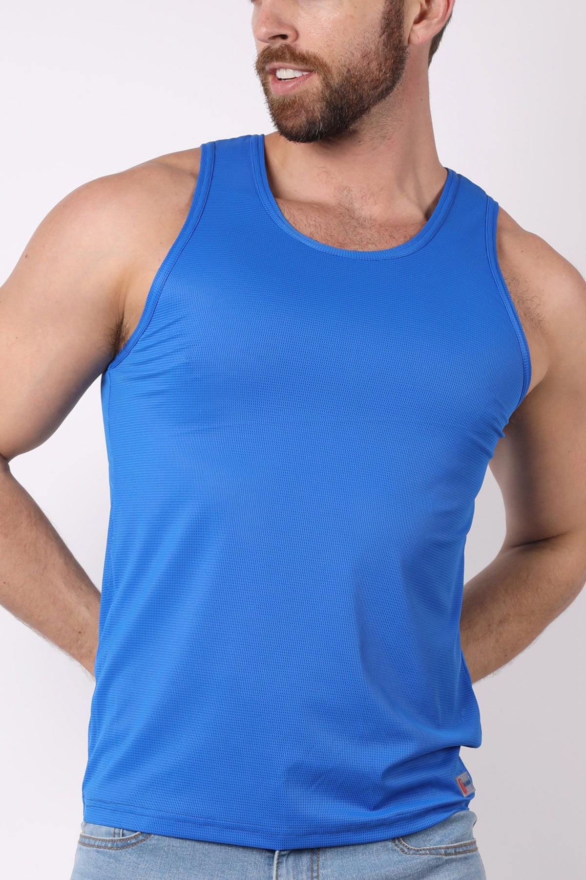 Timoteo Solid Blue Pool Party Mesh Tank Top