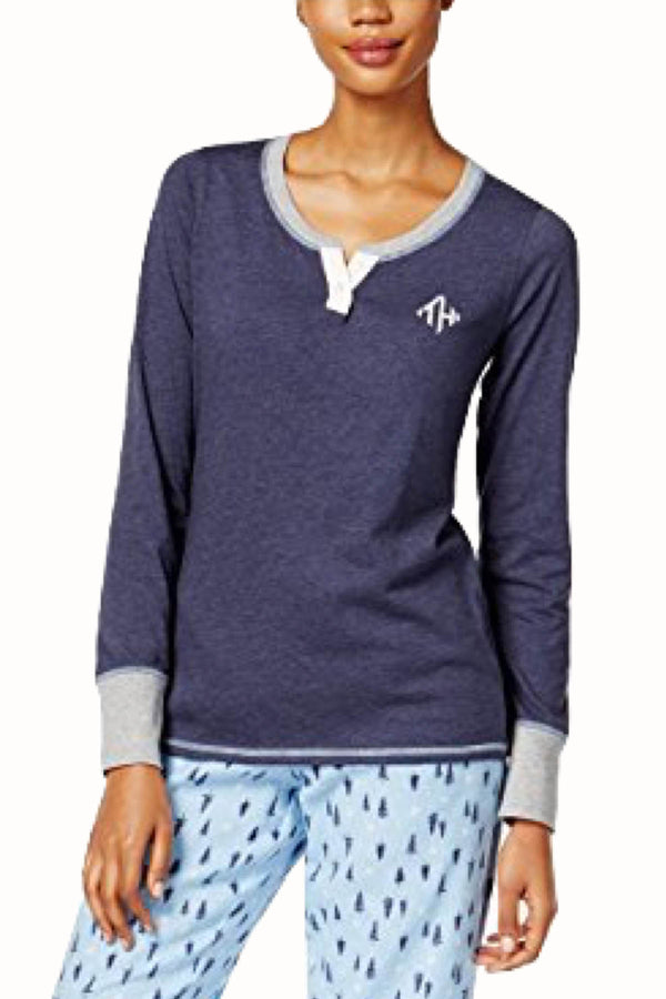 Tommy Hilfiger Heathered-Navy Long-Sleeve Henley Lounge Top