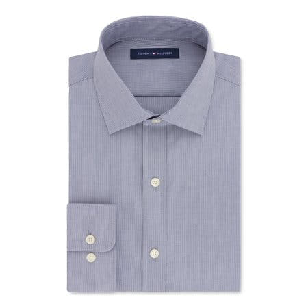 Tommy Hilfiger Mens Navy Pinstripe Collared Classic Fit Stretch Dress Shirt