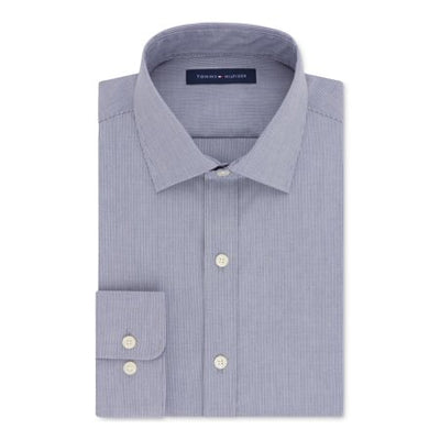 Tommy Hilfiger Mens Navy Pinstripe Collared Classic Fit Stretch Dress Shirt