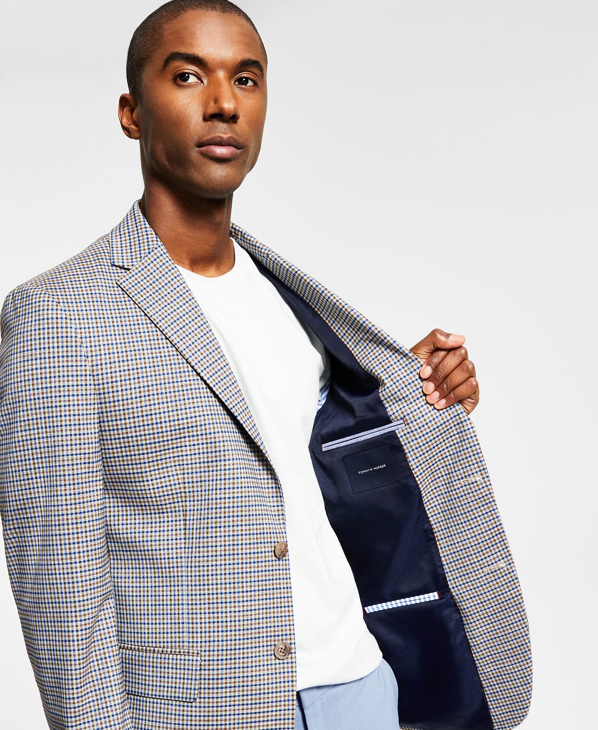 tommy hilfiger men's modern fit burgundy brown check blazer