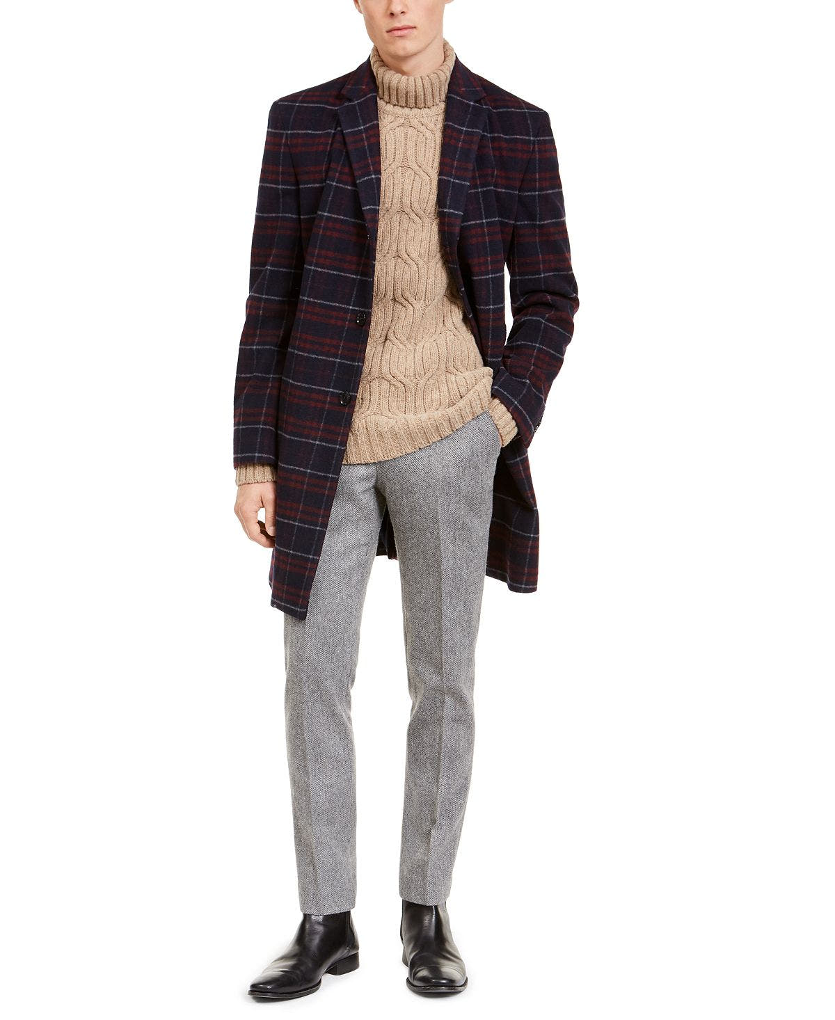 Tommy Hilfiger Modern-fit Performance Stretch Flex Plaid Addison Overcoat Red Blue Plaid