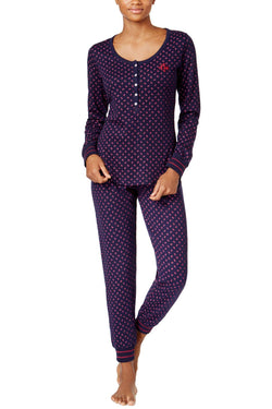 Tommy Hilfiger Navy/Roses Thermal Henley Top And Pant PJ Set thumbnail 1
