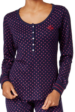 Tommy Hilfiger Navy/Roses Thermal Henley Top And Pant PJ Set thumbnail 2