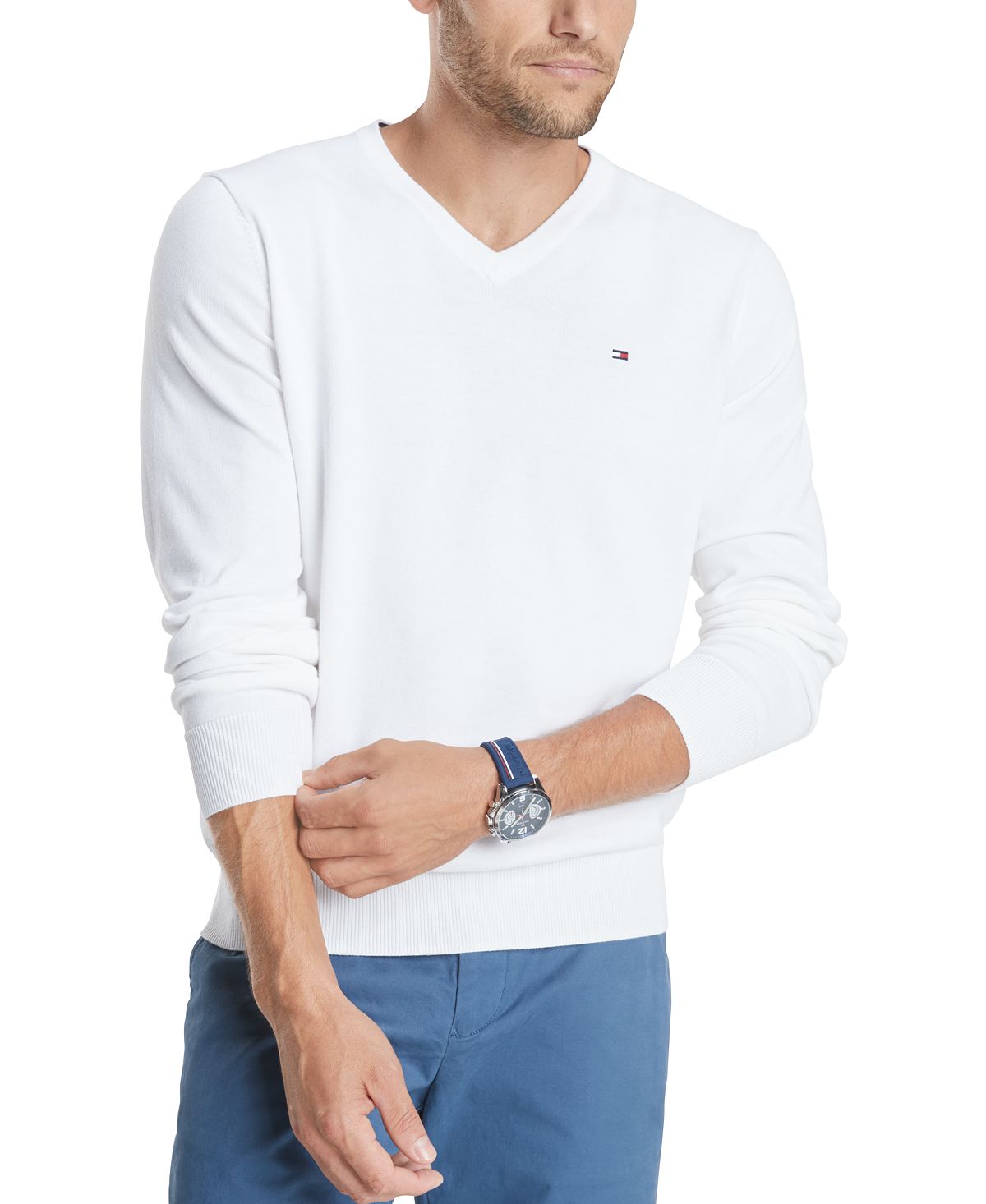 Tommy Hilfiger Signature Regular-fit Solid V-neck Sweater Bright White