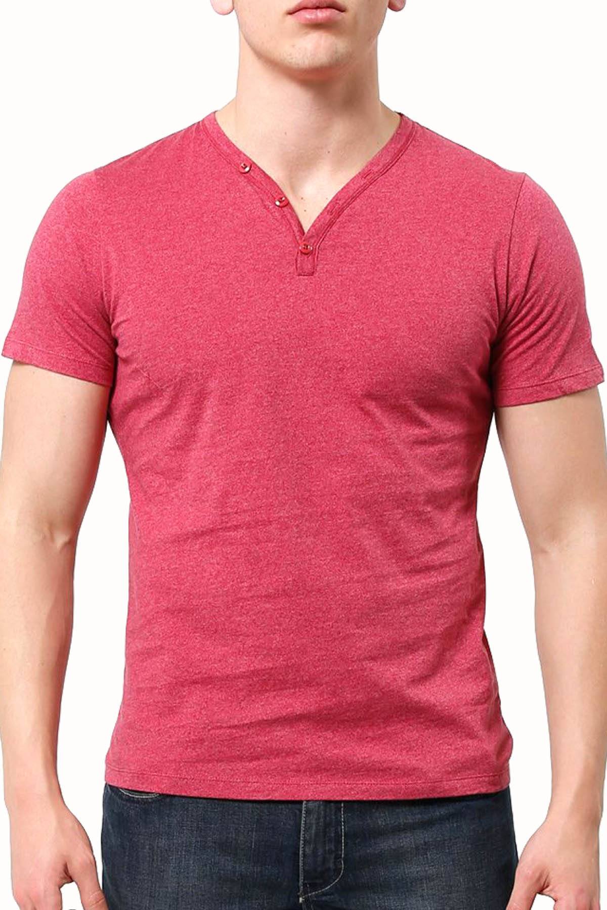 Trend Red Marle Y-Neck Henley Tee