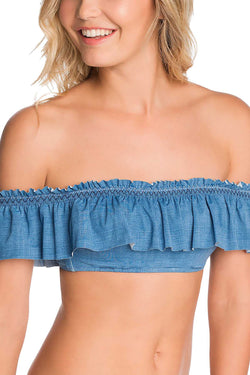 Vera Bradley Blue Chambray & Chardonnay Off-The-Shoulder Flounce Bikini Top thumbnail 2