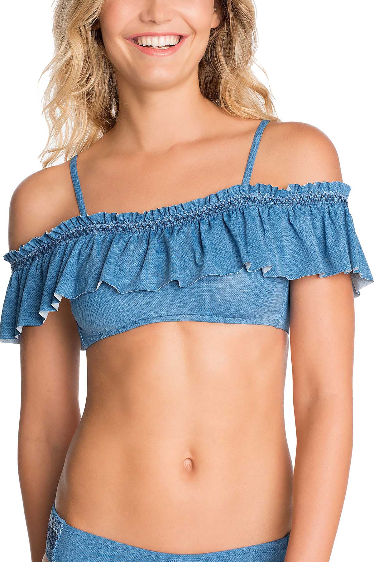 Vera Bradley Blue Chambray & Chardonnay Off-The-Shoulder Flounce Bikini Top