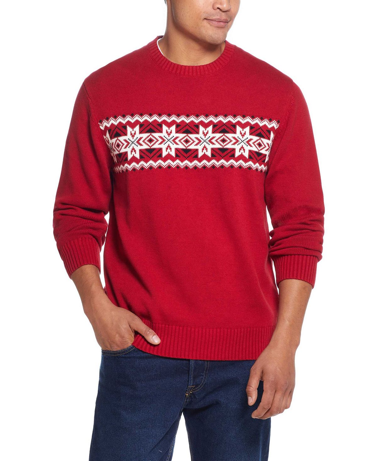 Weatherproof Vintage Chest Stripe Snowflake Crew Sweater Red