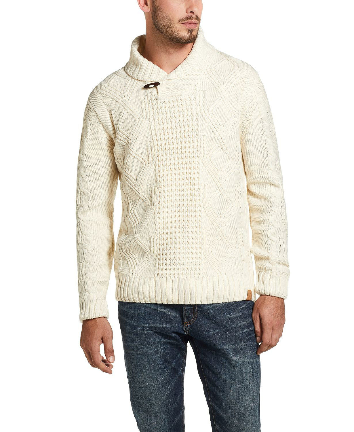 Weatherproof Vintage  Fisherman Toggle Shawl Neck Sweater Med Beige