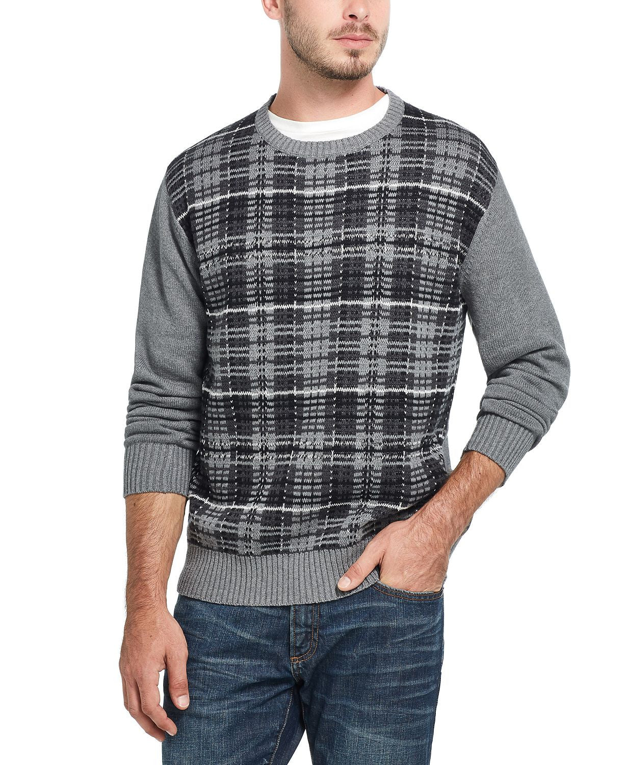 Weatherproof Vintage Plaid Sweater Dark Gray