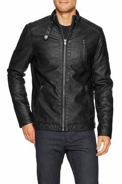 X-Ray Jeans Black Slim Fit Moto Faux-Leather Jacket with Quilting Detail thumbnail 1