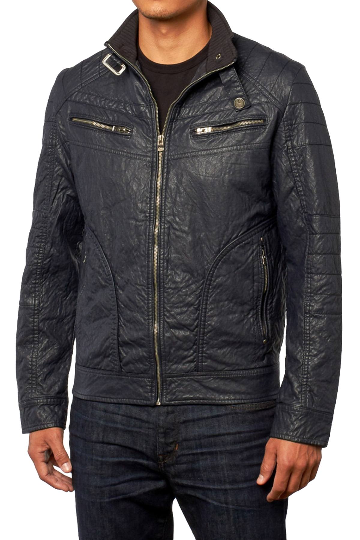 X-Ray Jeans Navy Distressed Faux-Leather Zip-Up Jacket