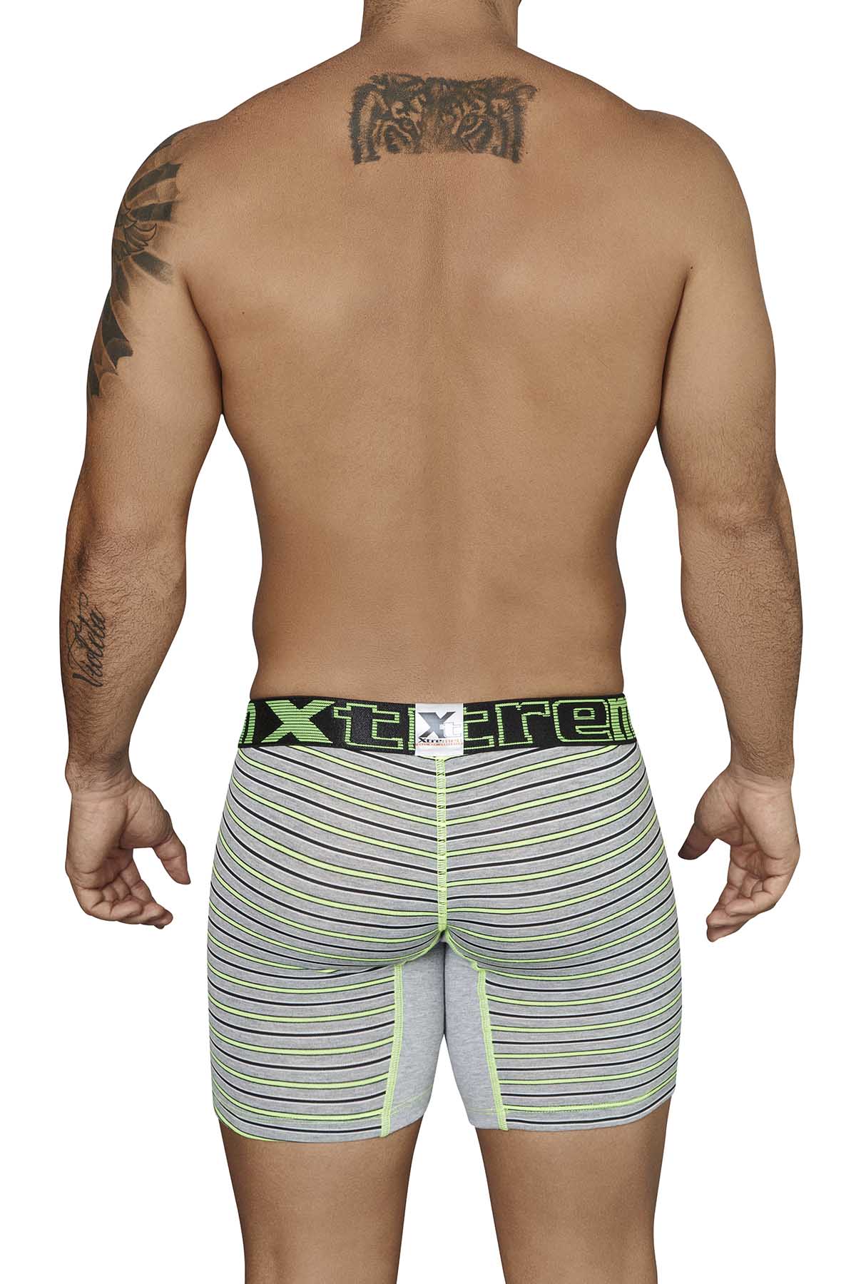 XTREMEN Lime/Grey/Black Striped-Panel Cotton Boxer Brief