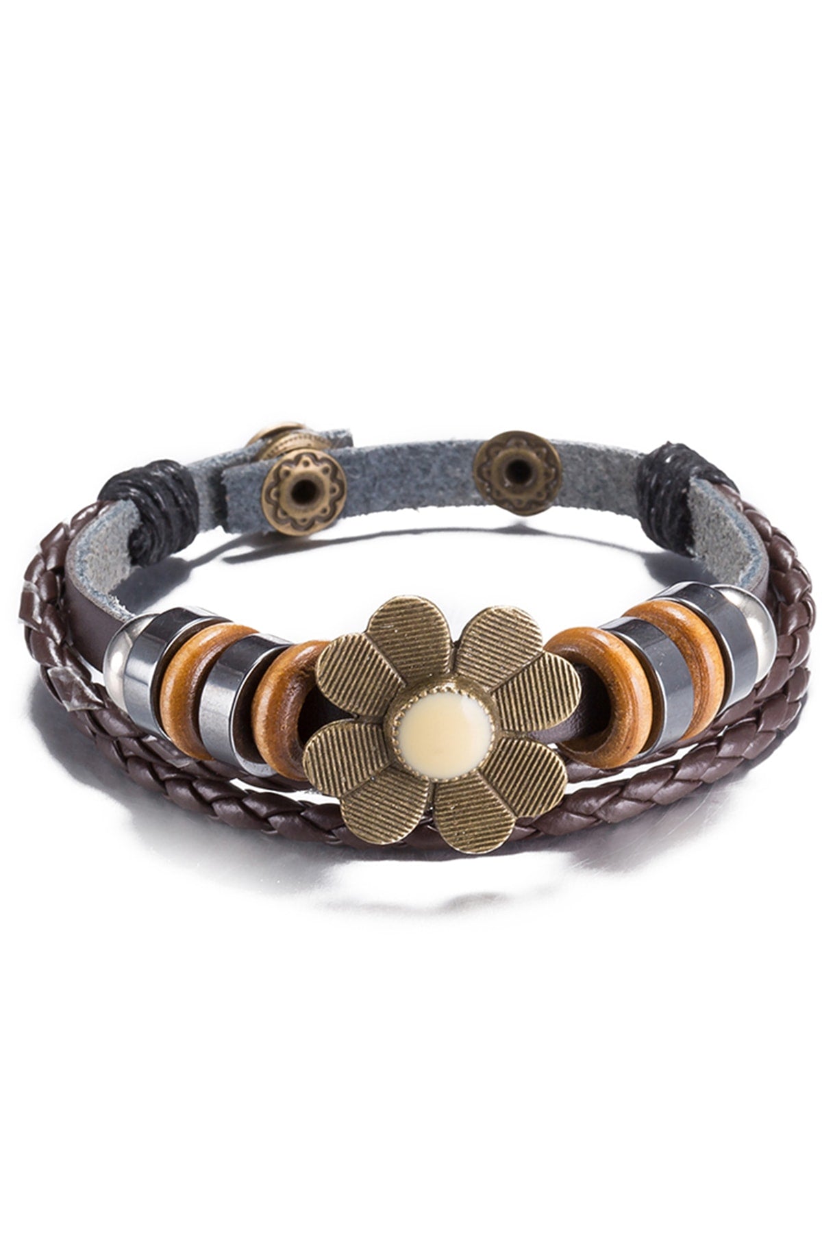 Brown Leather Infinity Flower Bracelet