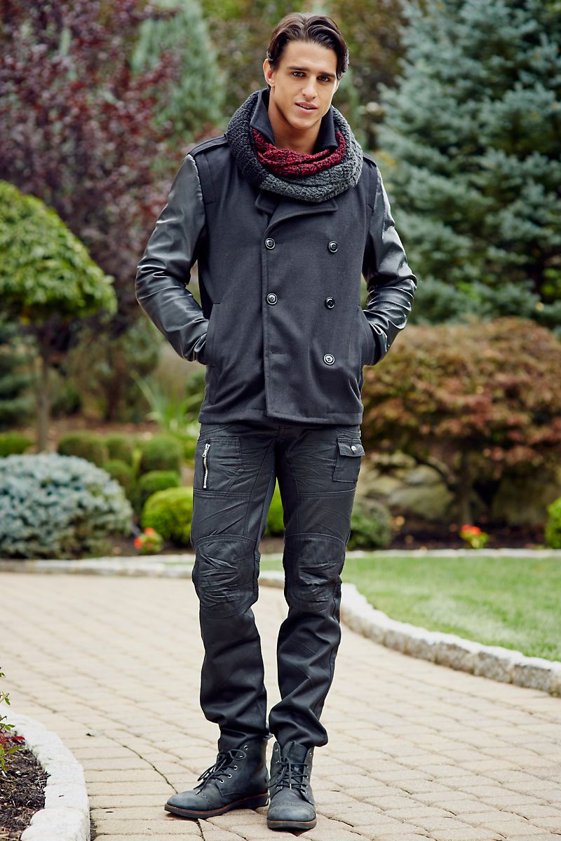 P.O.V. Black Peacoat with Leather Sleeves