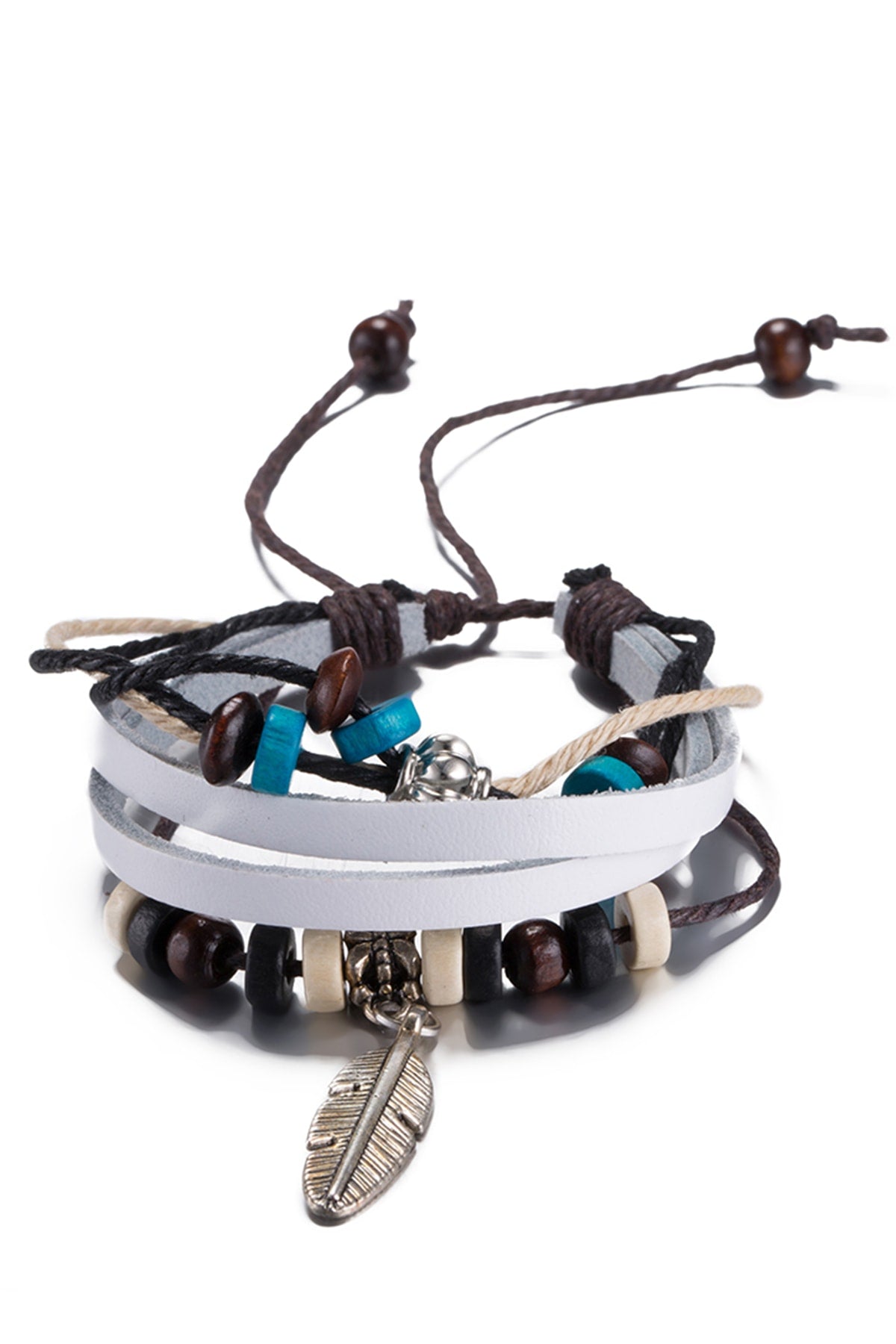 White Leather Feather Charm Bracelet
