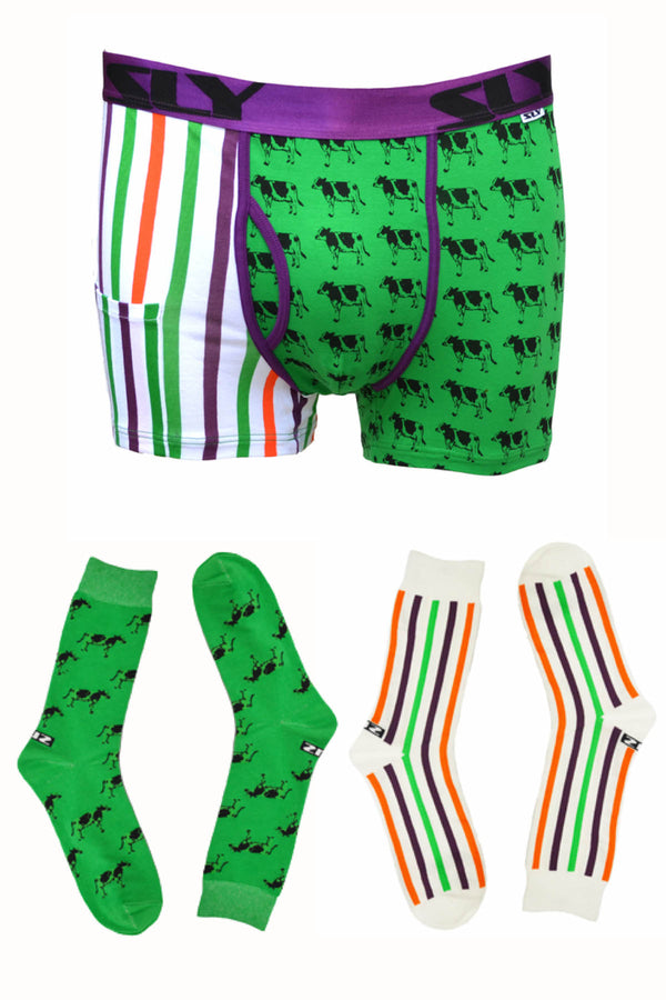 Sly Green & Multi Milk The Cow Boxer Brief & Socks Pack