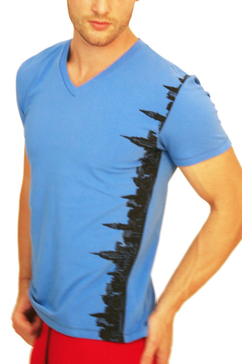 Ken Wroy Blue NY Skyline V-Neck Tee