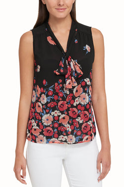 Tommy Hilfiger Black/Floral Sheer Tie-Neck Sleeveless Blouse thumbnail 1