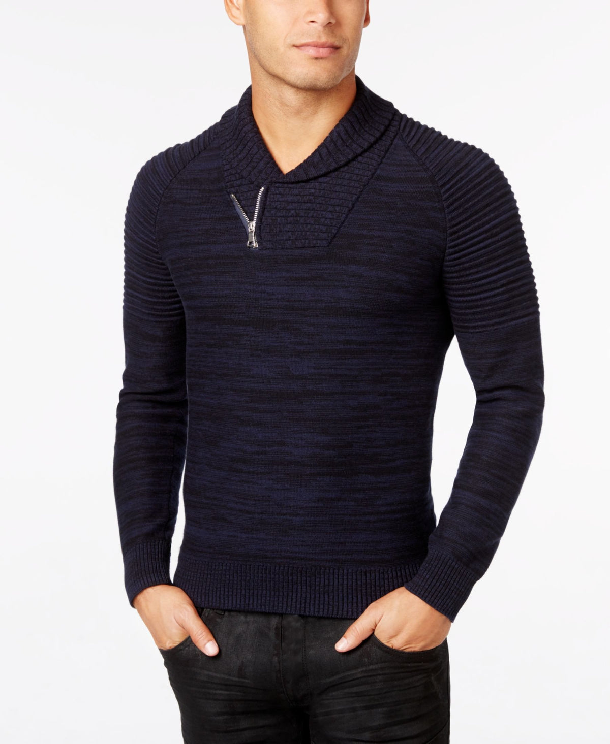 INC International Concepts Navy-Blue Nickelby Marled Shawl-Collar Sweater