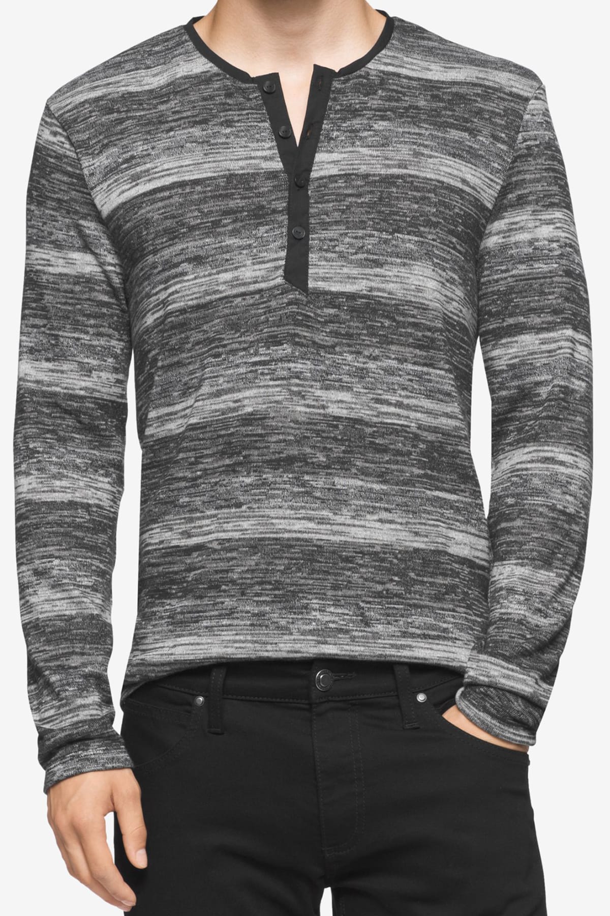 Calvin Klein Black Marled Stripe Henley Sweater