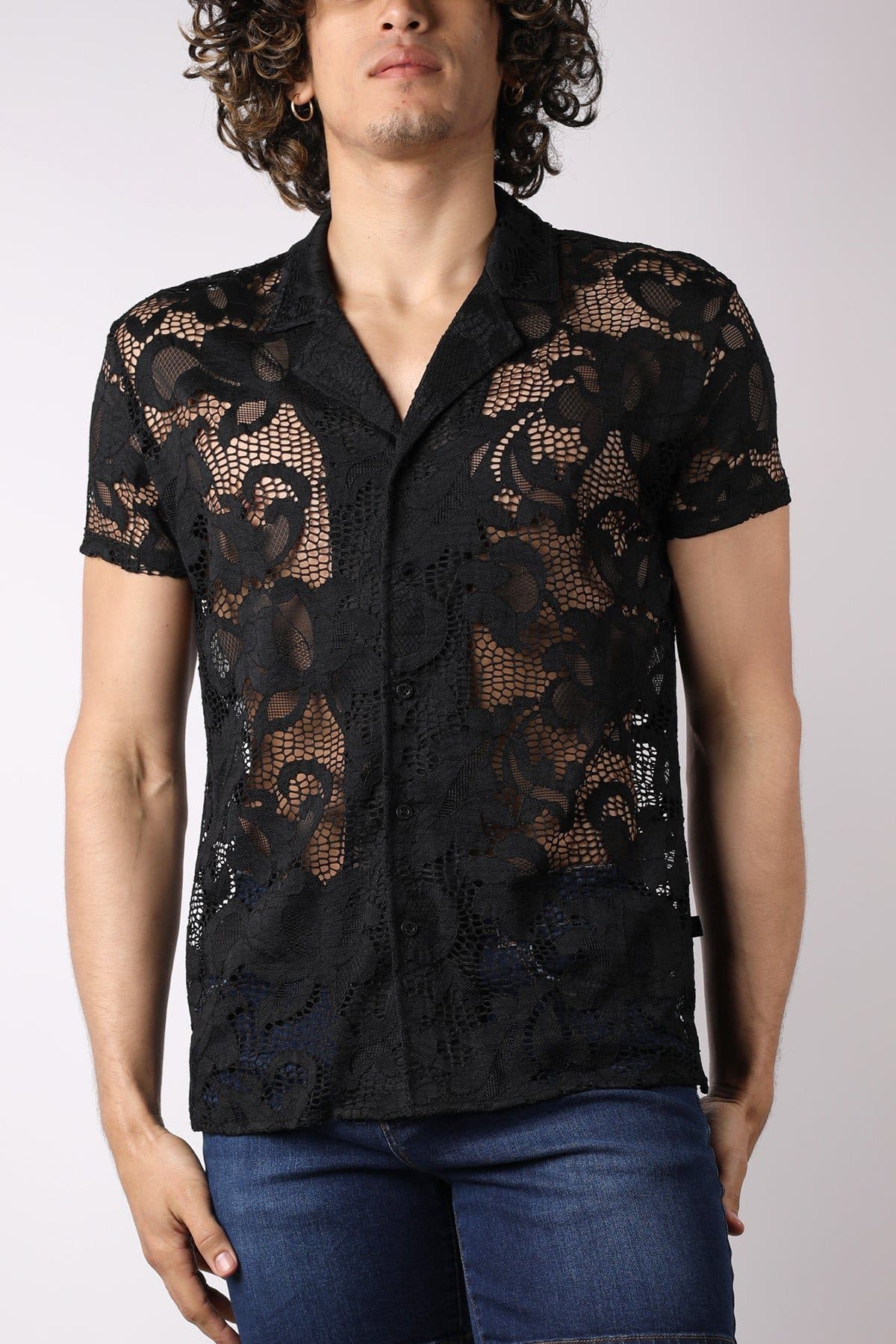 timoteo Black Lace Up Button Down Mesh Shirt