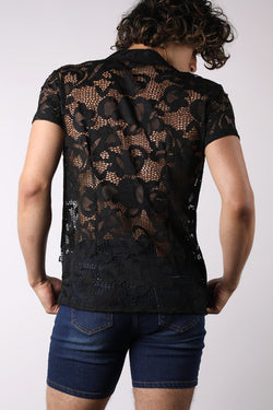 timoteo Black Lace Up Button Down Mesh Shirt thumbnail 3