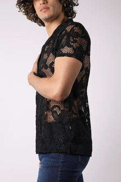 timoteo Black Lace Up Button Down Mesh Shirt thumbnail 2
