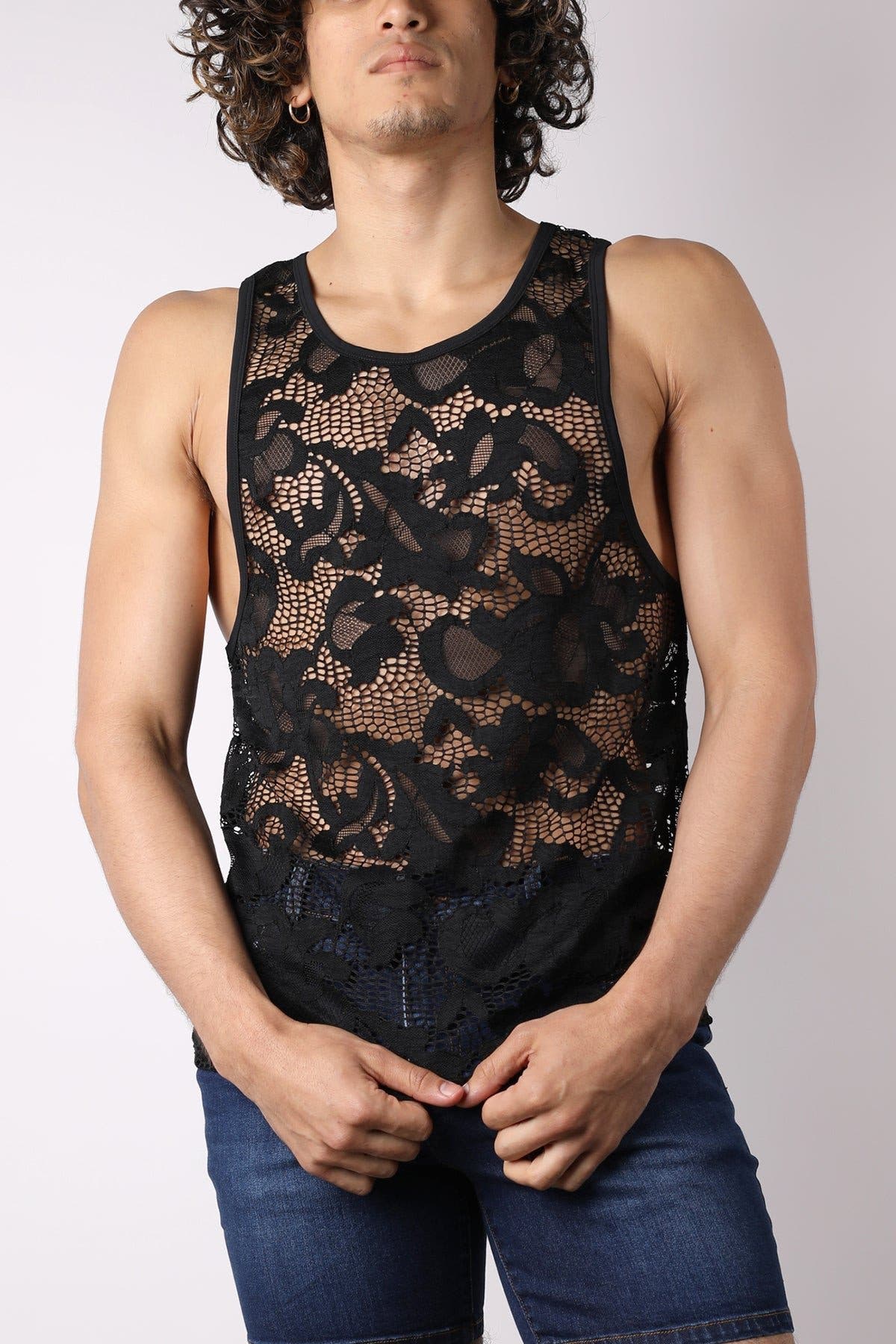 timoteo Black Lace Up Mesh Tank Top