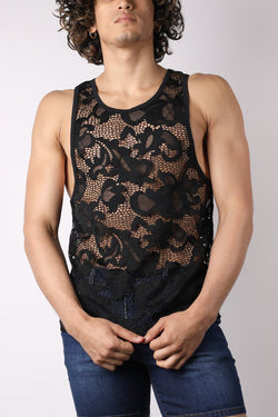 timoteo Black Lace Up Mesh Tank Top thumbnail 1